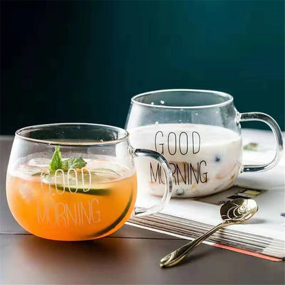 350ml Letter Printed Transparent Creative Glass Coffee Tea Mug Breakfast Milk Mug Large Capacity With Handle Beverage Utensils - juceei