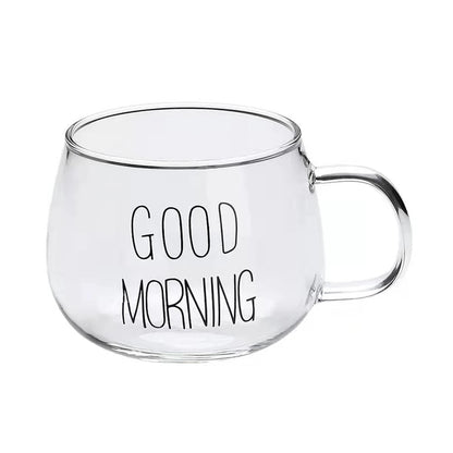 350ml Letter Printed Transparent Creative Glass Coffee Tea Mug Breakfast Milk Mug Large Capacity With Handle Beverage Utensils - juceei